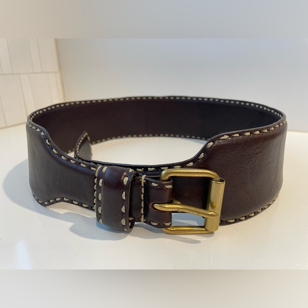 Johnny Farah Brown Leather Wide Statement Belt with Stitch Detail